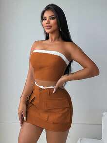 Zolique Women's Contrast Color Cropped Bandeau Top And Utility Midi Skirt Casual 2 Pieces Set