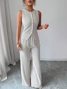 Selianne Elenzga Women's Fashionable Solid Color Textured 2-Piece Set, Including Sleeveless Crew Neck Button Fitted Tank Top And High Waist Loose Straight Leg Pants, Elegant Commuter Style - Apricot - View 4