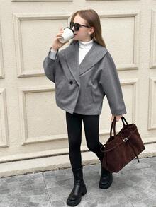 SHEIN 少女款纯色深灰色优雅大衣，适合秋冬季节，休闲日常穿着，长袖，返校季，秋冬季，母女装，时尚秋季外套，母女装，秋冬灰色女童外套 - 深灰色 - 查看 7