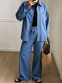 DAZY 女士休闲宽松牛仔衬衫和裤子套装，长袖单排扣，秋季 - 藍色 - 查看 4