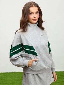 Cheerettes Women's Minimalist Half-Zip Stand Collar Striped Decor Sports Sweatshirt - Grey - View 4