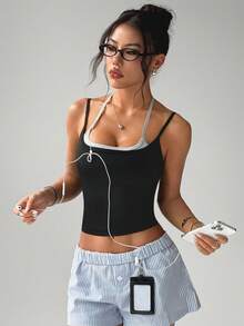 SHEIN Sports Summer Casual Contrast Color Patchwork Sleeveless Sports Top - Black - View 1