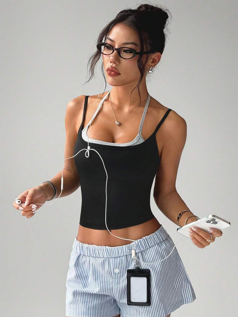 SHEIN Sports Summer Casual Contrast Color Patchwork Sleeveless Sports Top - Black - View 1
