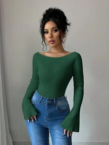 Elenzga 1pc Off-Shoulder Flare Sleeve Fitted Women Sweater, Christmas - Dark Green - View 8