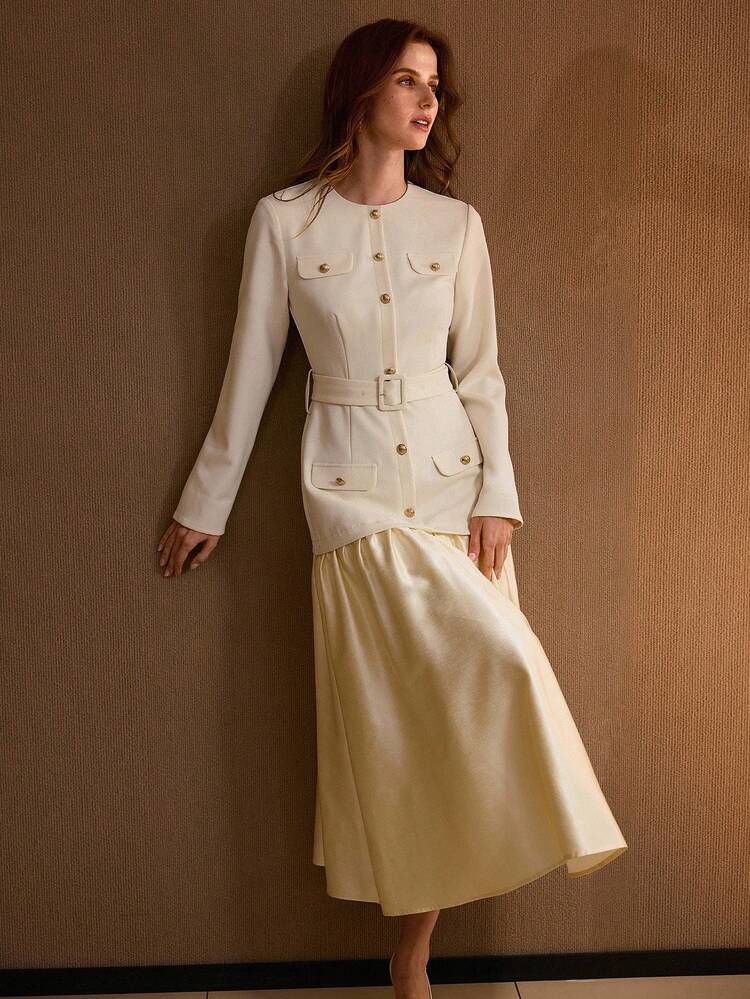 FLAP DETAIL FLOWY HEM 2 IN 1 BUCKLE BELTED DRESS
