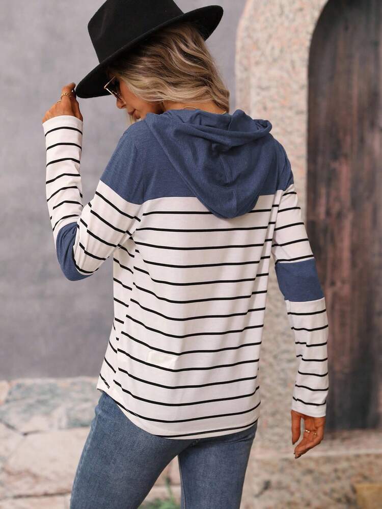 Striped Color Block Drawstring Hoodie,Ladies Spring/Fall Casual Drawstring Long Sleeve Hooded Regular Fit Regular Navy Blue Regular Sleeve Pullovers Women Hoodies,Long Sleeve Tops Graduation,Back To School Outfits,Graduation,Teacher Outfits For Women,Back To School