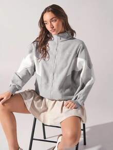 Menodora SHEIN Sport Damen Herbst Kontrast Farbe Reißverschluss Kragen Lässiger Loose Sweatshirt - Hellgrau - Übersicht 1