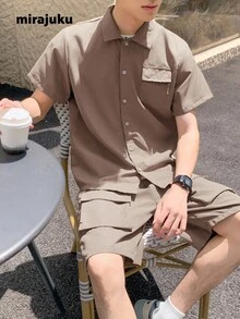 SHEIN Mirajuku 少年男孩街頭風格3d口袋短袖襯衫與短褲套裝 - 卡其色 - 查看 4