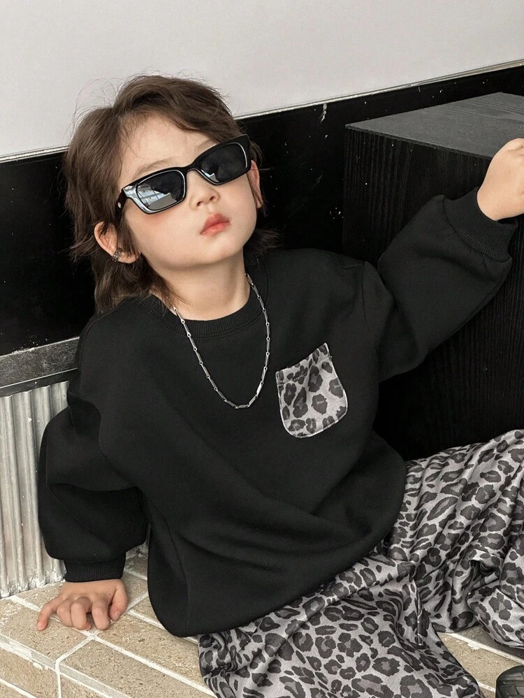 2pcs Young Boys Leopard Print Long Sleeve Sweatshirt And Sweatpants Set Fall