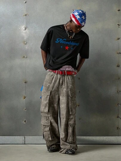 NEON BLANC Camiseta de manga corta casual de cuello redondo con estampado de letras y pentagramas para hombre en verano