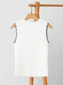 Uhlyne 优雅休闲圆领黑白撞色针织背心，带条纹饰边，适合通勤、夏秋季 - 白色 - 查看 2