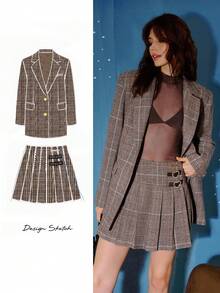 MOTF S.W.Smiley x MOTF PREMIUM GINGHAM PRINT RHINESTONE HEART BUCKLE DETAIL PLEATED SKIRT