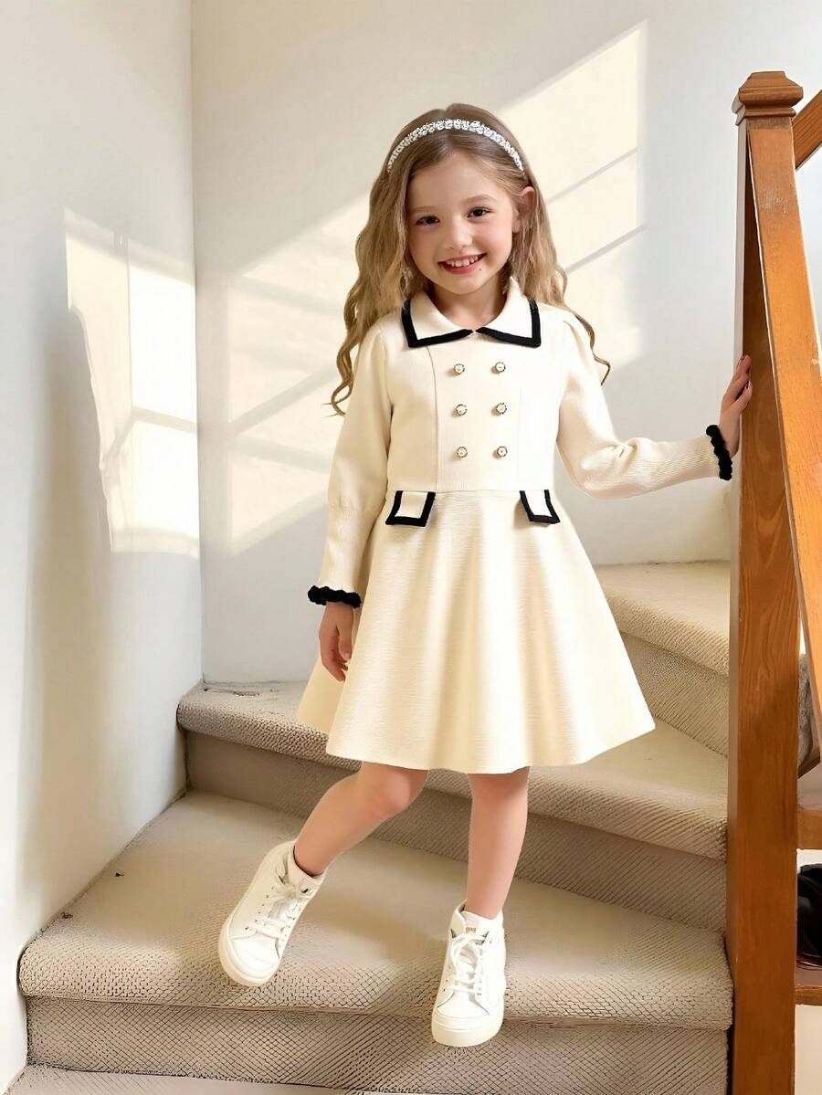 Elladie kids 小女孩柔软珍珠纽扣领长袖针织公主裙，百搭秋冬