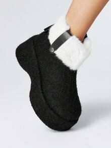ROMWE Kawaii Botas de mujer blancas con pelo, con cremallera lateral, plataforma con cuña, tacón gótico y cálidas botas de tobillo - Negro - Ver 3