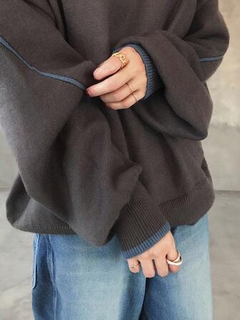 FRIFUL Suéter holgado y versátil de cuello redondo, mangas largas y hombros caídos, con contraste azul en los bordes, de color gris oscuro, para mujer, otoño