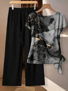 Mellowie Teacher's Day Back To School Season Plus Size Women's Halloween Retro Marble Water Ripple Pattern Bat Sleeve Side Knot Top And Black Solid Color Pants Two Pieces Suit, Suitable For Bride Mother To Attend Halloween Music Festival
