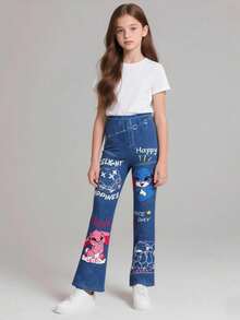 Tween Girl Cartoon & Letter Graphic Flare Leg Leggings Fall Winter - Blue - View 5