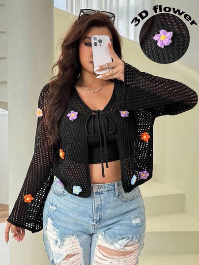 SHEIN EZwear Áo khoác cardigan mỏng họa tiết hoa 3D tay chuông khoét lỗ phía trước dành cho nữ cỡ lớn