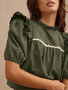 WESTFADE 撞色镶边立领荷叶边袖多层洋装上衣 女式西部风 - 軍綠色 - 查看 5