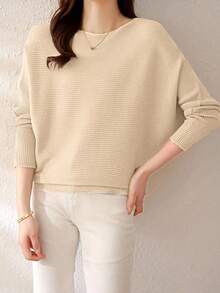 EMERY ROSE Women's Solid Color Round Neck Batwing Long Sleeve Casual Sweater, Autumn - Apricot - View 4