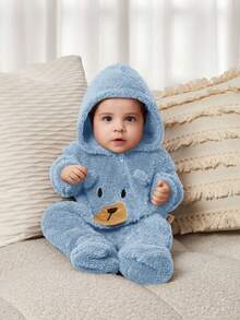 Cozy Pixies 新生男宝宝卡通熊耳朵连帽加厚长袖连脚哈衣 - 藍色 - 查看 5