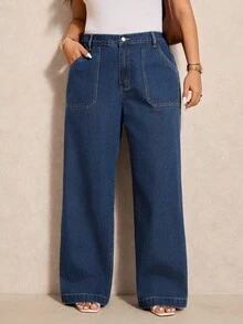 Elaquor 大码女式无弹力休闲修身水洗直筒牛仔裤 - 深色水洗藍 - 查看 6