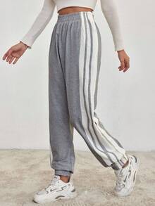 SHEIN Cottnline Side Stripe Buttoned Up Pants - Grey - View 3