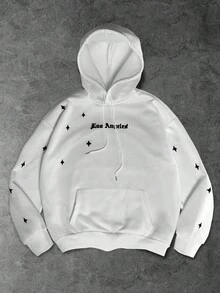 PAVTROS 男士字母与星星印花口袋落肩宽松羊毛抽绳连帽衫，秋冬 - 白色 - 查看 4