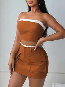 Zolique Women's Contrast Color Cropped Bandeau Top And Utility Midi Skirt Casual 2 Pieces Set