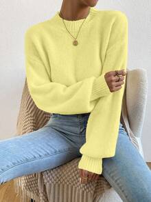 SHEIN Unity Women's Yellow Round Neck Drop Shoulder Wool Blend Pullover Sweater Fall Winter Cloth For Women - Yellow - View 5