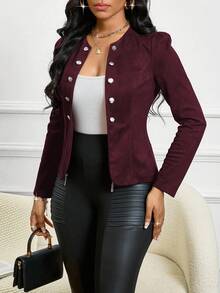 SHEIN Lady Viersaisonenjacke / Kirchengarderobe / Wildleder-Jacke mit schwarzen Knopfdetails, offene Vorderseite für Herbst/Winter