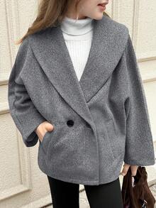 SHEIN 少女款纯色深灰色优雅大衣，适合秋冬季节，休闲日常穿着，长袖，返校季，秋冬季，母女装，时尚秋季外套，母女装，秋冬灰色女童外套 - 深灰色 - 查看 6