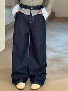 DAZY 少女宽松阔腿牛仔裤，格子拼接，荷叶边腰身，休闲秋季校园风 - 深色水洗藍 - 查看 3