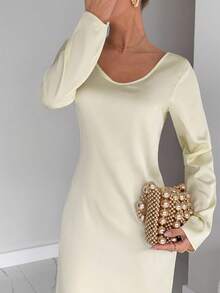 Siren Gaze Yellow Backless, Tie-Waist, Long Satin Glossy Elegant Party Dress, Women's Extra-Long Acetate Single-Sided Linen Texture Dress. Winter New Year - Yellow - View 3