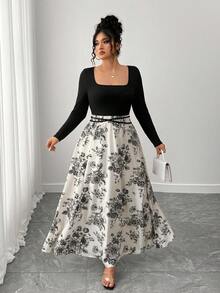 SHEIN Elenzya 大码女装新款优雅浪漫方领连衣裙，复古优雅，下半身水墨印花拼接，女装优雅修身方领长袖腰带拼接中国风印花长裙