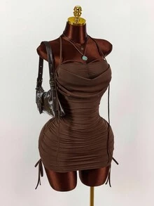 Y2K Amplova 无袖褶皱迷你裙，带挂脖领口和大露背交叉带设计，女式迷你连衣裙 - 紫紅色 - 查看 2