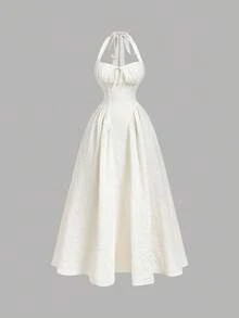 SHEIN MOD 女式露背褶饰蝴蝶结摆裙、派对女装、跨年晚会服装、化妆舞会礼服、生日女装、性感连衣裙、蝴蝶结连衣裙、新年公主女装 - 卡其色 - 查看 3