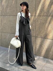 FRIFUL Combinaison gris foncé unicolore pour femmes avec décoration de nœud à l'avant, jambe droite, combinaison longue polyvalente et décontractée, automne - Gris - Voir 5