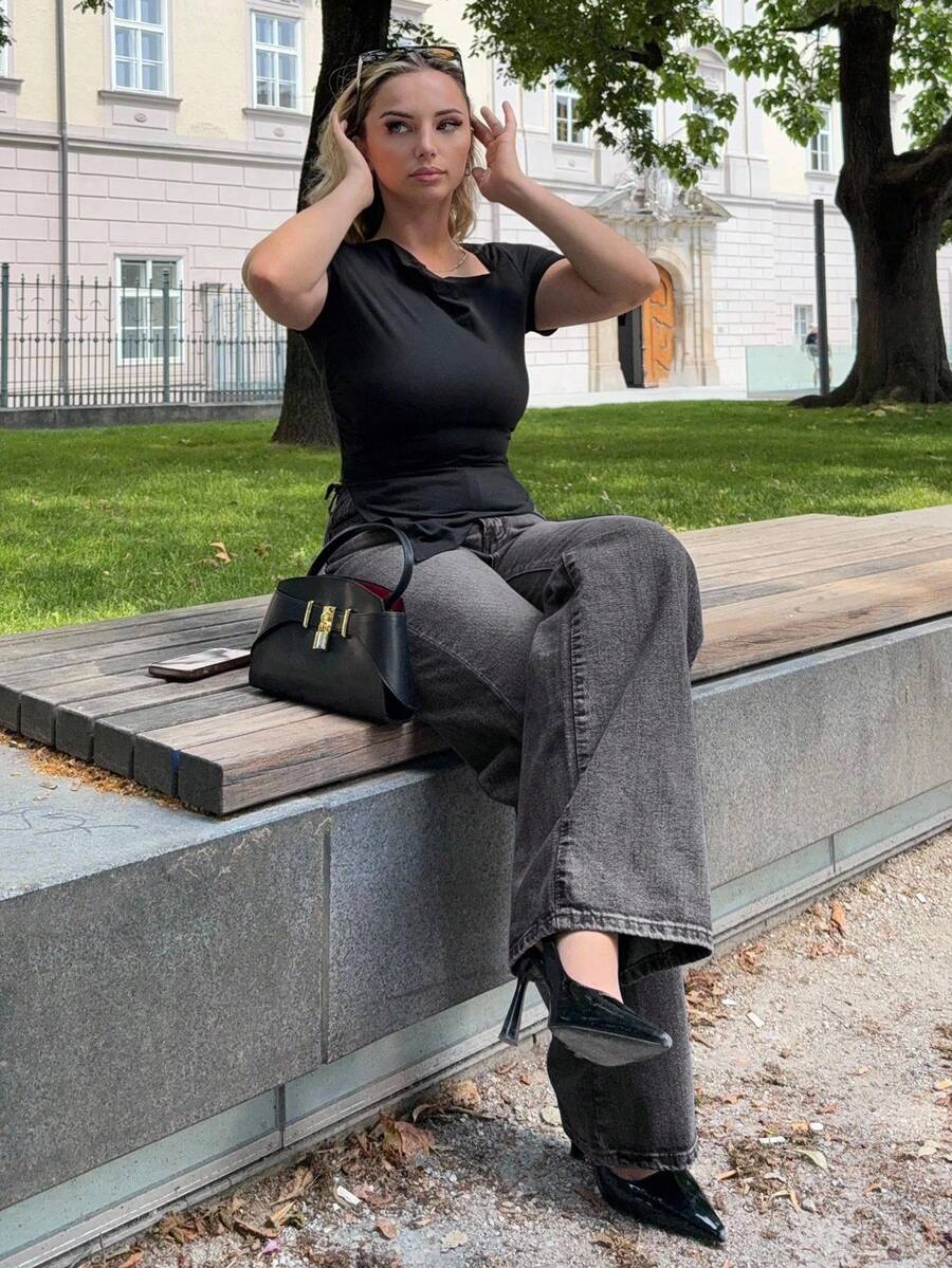 Jeta Ari 女士口袋宽松阔腿休闲百搭牛仔裤 - 黑色 - 查看 1