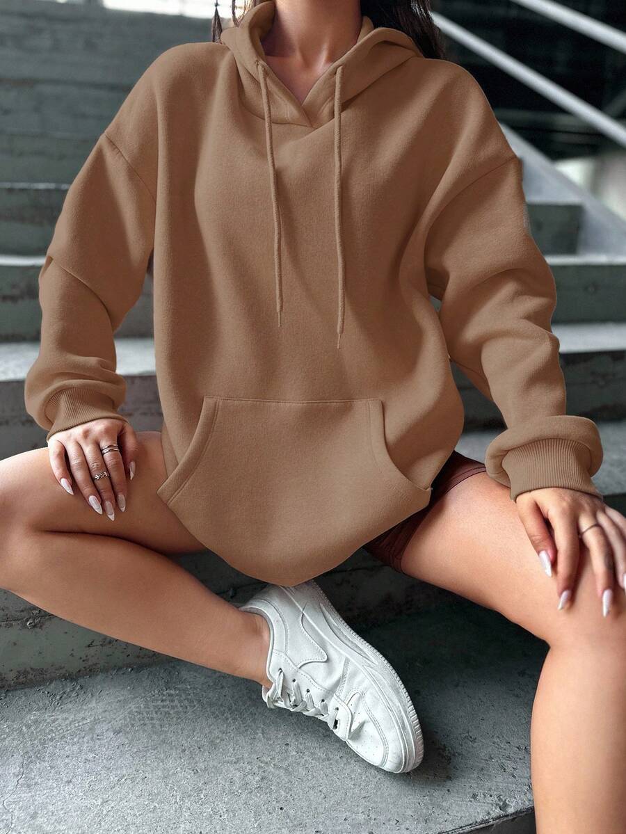 EURMUSE Cotton Pocket Drop Shoulder Drawstring Thermal Hoodie - Light Grey - View 1
