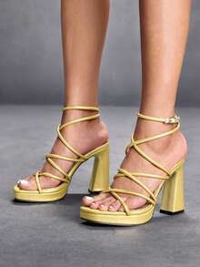 CUCCOO SZL Sandalias de plataforma con tacón grueso y punta cuadrada para mujer, sexy y elegante minimalista cómoda para vacaciones, sandalias de tacón alto de piel de imitación de lagarto PU negro, suela gruesa para playa, club, fiesta y vacaciones - Dorado - Ver 5