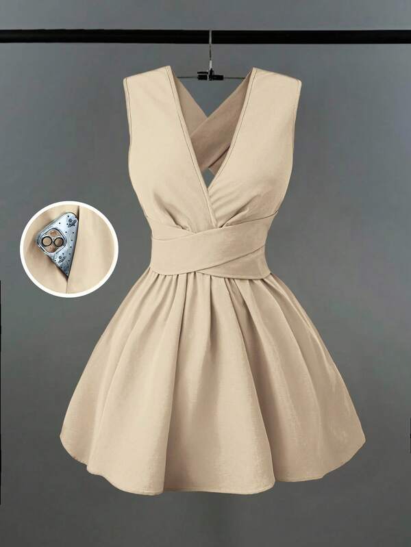 Franclia Women Romantic Elegant Sexy Wedding Guest Solid Criss-Cross V-Neck Sleeveless A-Line Mini Dress, Concert Outfit Versatile Design For Beach, Party, Spring/Summer Pocket Evening Dress Backless Butter Yellow Short Dress