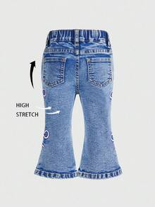 Baby Girls' Flare Jeans, Autumn/Winter New Arrival, Blue Denim, Outdoor & Casual Wear, Soft Cotton, High Elasticity, Embroidered Bowknot, Versatile Fashion Item, Elastic Waistband, Fitted Silhouette, Suitable For Home, Outings, Vacations, Photoshoots, Wardrobe Essential, Gatherings, Daily Wear (Top Not Included) Fall - Medium Wash - View 2
