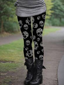 EMERY ROSE Legging Bodycon Wanita Ukuran Plus dengan Pinggang Tinggi dan Motif Tengkorak, Bergaya dan Nyaman untuk Pemakaian Sehari-hari & Sempurna untuk Halloween - Hitam - View 1