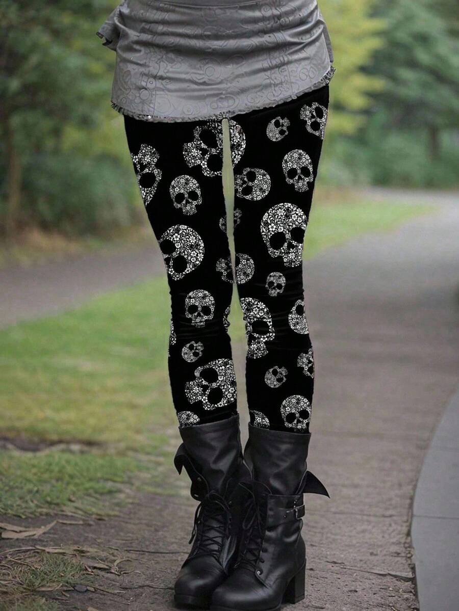 EMERY ROSE Legging Bodycon Wanita Ukuran Plus dengan Pinggang Tinggi dan Motif Tengkorak, Bergaya dan Nyaman untuk Pemakaian Sehari-hari & Sempurna untuk Halloween - Hitam - View 1
