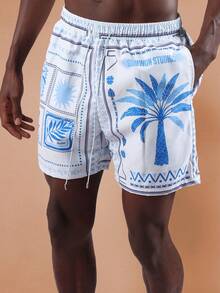 SUMWON Shorts de playa casuales con estampado de palmeras, tabla de surf hawaiana, pantalones cortos de verano con cordón y cintura elástica, ropa de resort, vacaciones, shorts para fiesta en la piscina