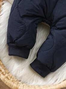 SHEIN 嬰兒/幼兒中性新生兒休閒藍色萬聖節可愛熊刺繡絎縫連帽長袖拉鍊加厚抓絨連身衣外套 秋冬款 - 藍色 - 查看 3