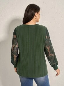 Comfylo 加大码女式柔软纹理罗纹拼布透视刺绣向日葵上衣感恩节女式新年衣服女式狂欢新年除夕 - 墨綠色 - 查看 2