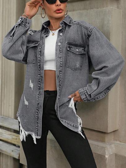 EURMUSE Women's Casual Fashion Street Snap Flap Pocket Distressed Oversized Denim Jacket, Spring/Autumn