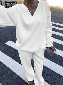 SHEIN EZwear 2 pezzi Set di felpa oversize con scollo a V e pantaloni in pile morbido, elasticizzato e ampio, casual per autunno/inverno - Bianco - Visualizzare 6
